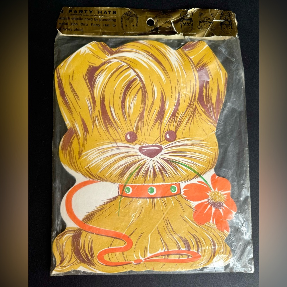 (8) Vintage 60s Paper Dog Yorkie Party Hats & Elastic Cord, Paper Art Co Indiana